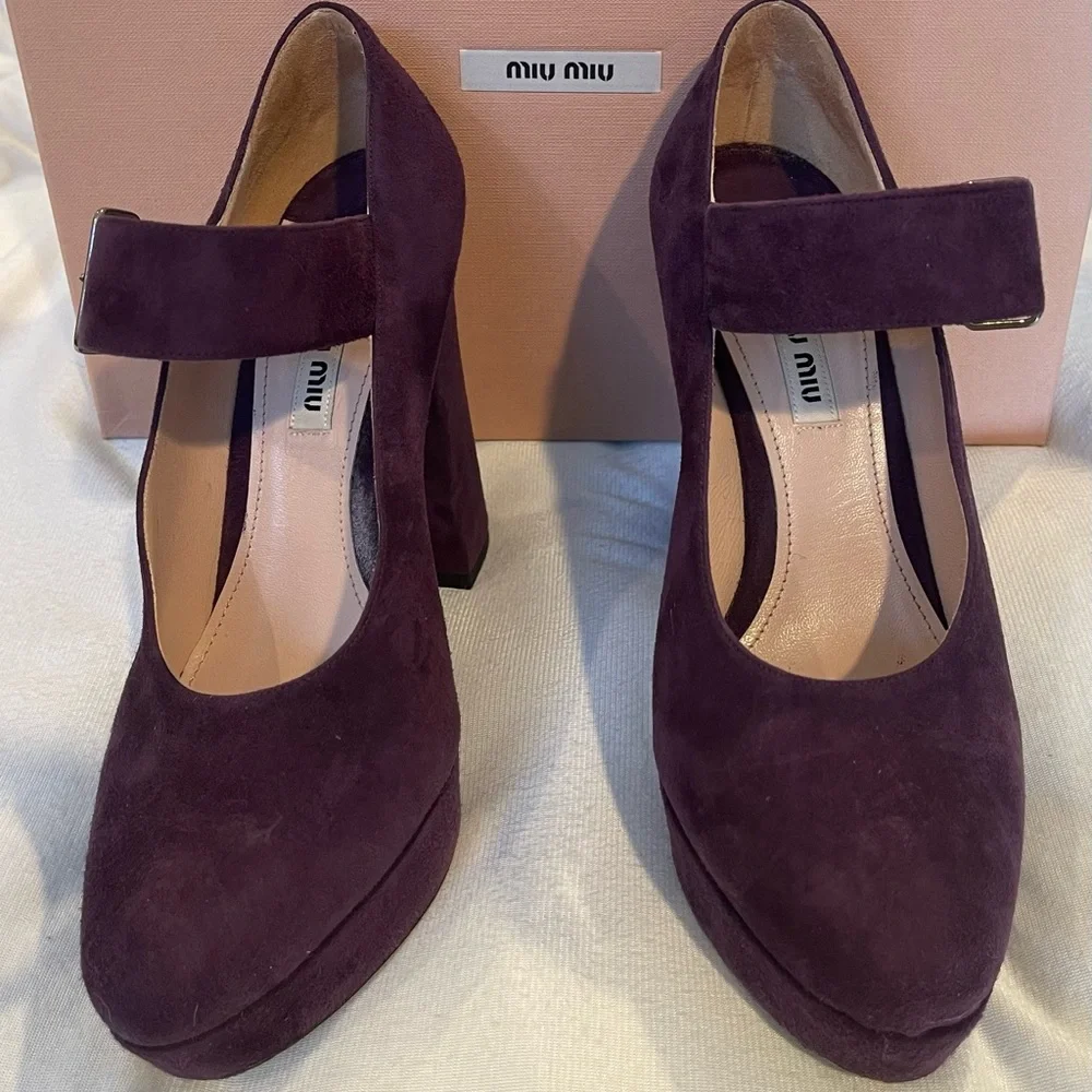 Miu Miu Purple Suede Mary Jane Heels Sz 37.5 - Picture 2 of 7